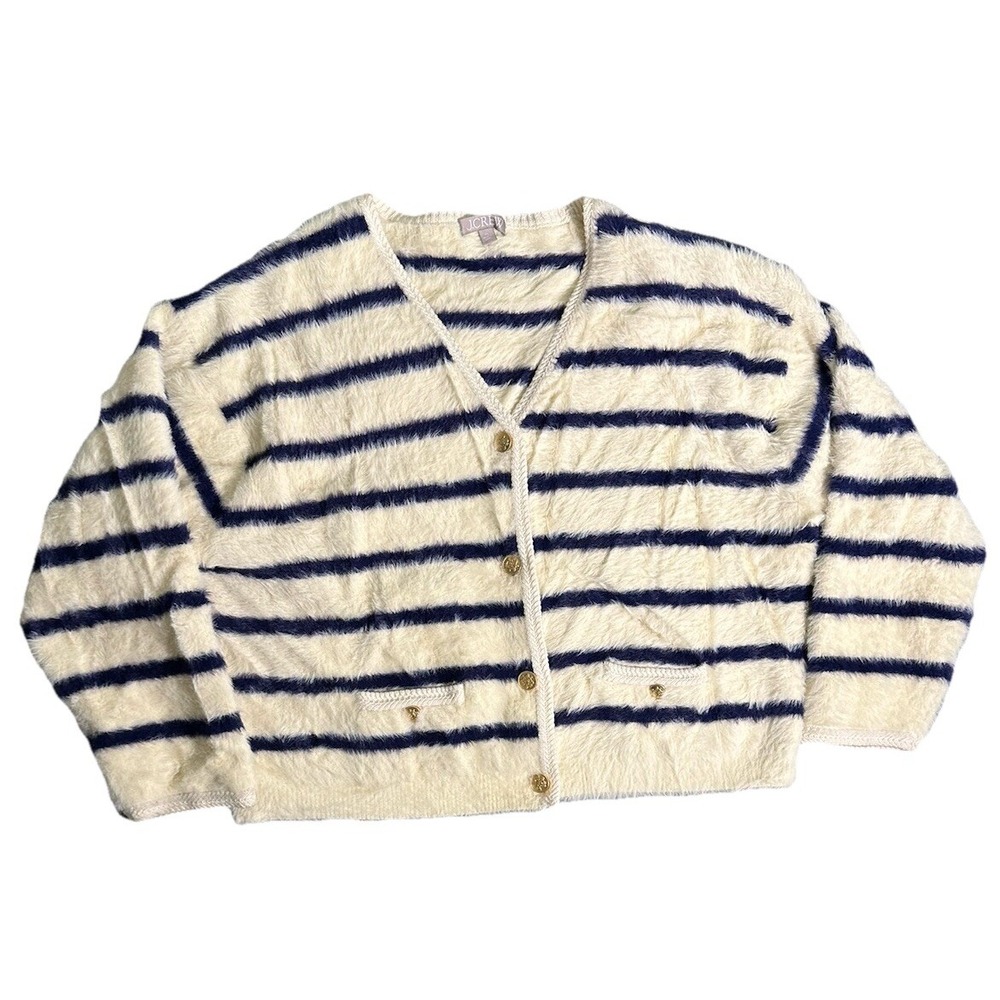 J.Crew striped Cream And Navy Blue Fuzzy sweater size‎ X-Large